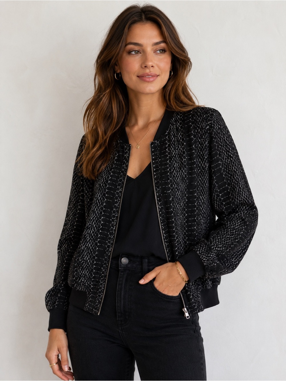 Joie 100% Silk Snake Print Bomber Jacket Black Textured Long Sleeve Zip Front S